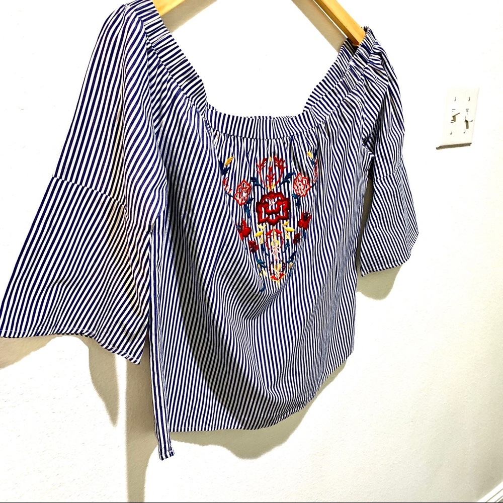BLUE RAIN PIN BLUE & WHITE PIN STRIPED EMBROIDERED FLORAL BLOUSE - Picture 3 of 6